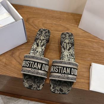 Dior Dway Heeled Slides Sandal 4.5cm in Cotton Embroidered with Metallic Thread and Black and Gold-Tone Floral Motif 2026 0302 (