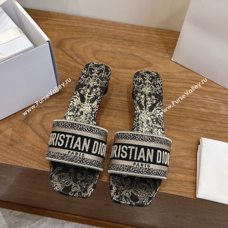 Dior Dway Heeled Slides Sandal 4.5cm in Cotton Embroidered with Metallic Thread and Black and Gold-Tone Floral Motif 2026 0302 (