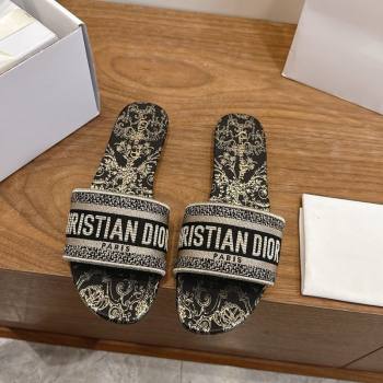 Dior Dway Flat Slides Sandal in Cotton Embroidered with Metallic Thread and Black and Gold-Tone Floral Motif 2026 0302 (MD-26030