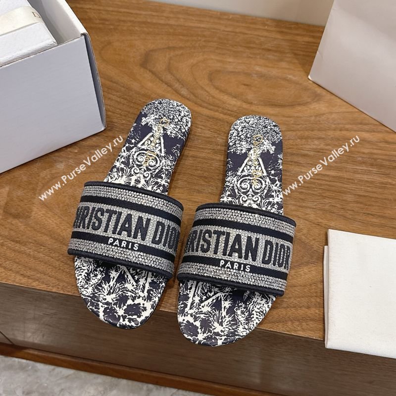 Dior Dway Flat Slides Sandal in Cotton Embroidered with Strass Blue 2026 0302 (MD-260302113)