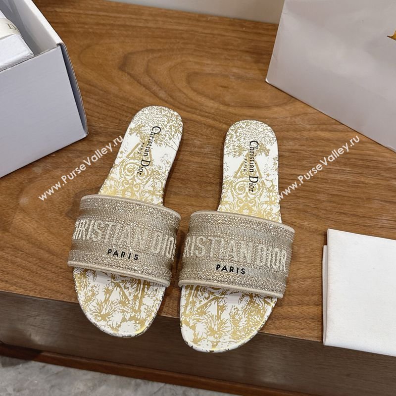 Dior Dway Flat Slides Sandal in Cotton Embroidered with Strass Gold 2026 0302 (MD-260302115)