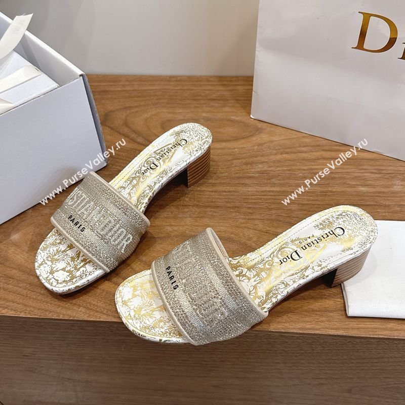 Dior Dway Heeled Slides Sandal 4.5cm in Cotton Embroidered with Strass Gold 2026 0302 (MD-260302109)
