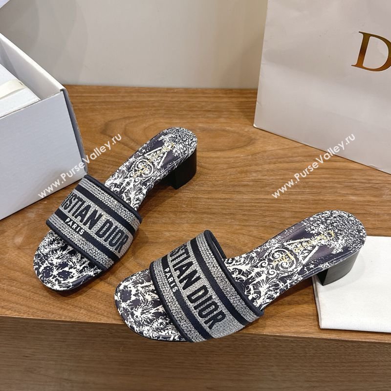 Dior Dway Heeled Slides Sandal 4.5cm in Cotton Embroidered with Strass Blue 2026 0302 (MD-260302110)