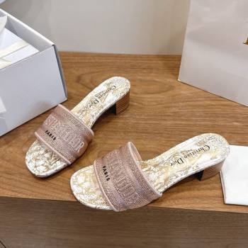 Dior Dway Heeled Slides Sandal 4.5cm in Cotton Embroidered with Strass Pink 2026 0302 (MD-260302111)