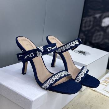 Dior Dentelle Bow Heeled Slides Sandal 9.5cm in Oblique Embroidered Cotton and White Lace Blue 2026 (JC-260302079)