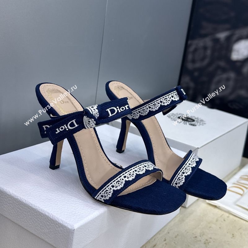 Dior Dentelle Bow Heeled Slides Sandal 9.5cm in Oblique Embroidered Cotton and White Lace Blue 2026 (JC-260302079)