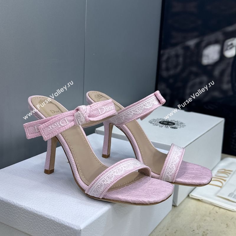 Dior Dentelle Bow Heeled Slides Sandal 9.5cm in Oblique Embroidered Cotton and White Lace Pink 2026 (JC-260302080)