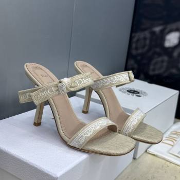 Dior Dentelle Bow Heeled Slides Sandal 9.5cm in Oblique Embroidered Cotton and White Lace Beige 2026 (JC-260302081)