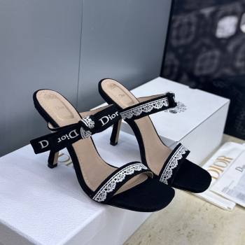 Dior Dentelle Bow Heeled Slides Sandal 9.5cm in Oblique Embroidered Cotton and White Lace Black 2026 (JC-260302082)