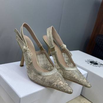 Dior JAdior Slingbacks Pump 9.5cm in Transparent Mesh Embroidered with Millefiori Motif in Gold-Tone Strass 2026 (JC-260302047)