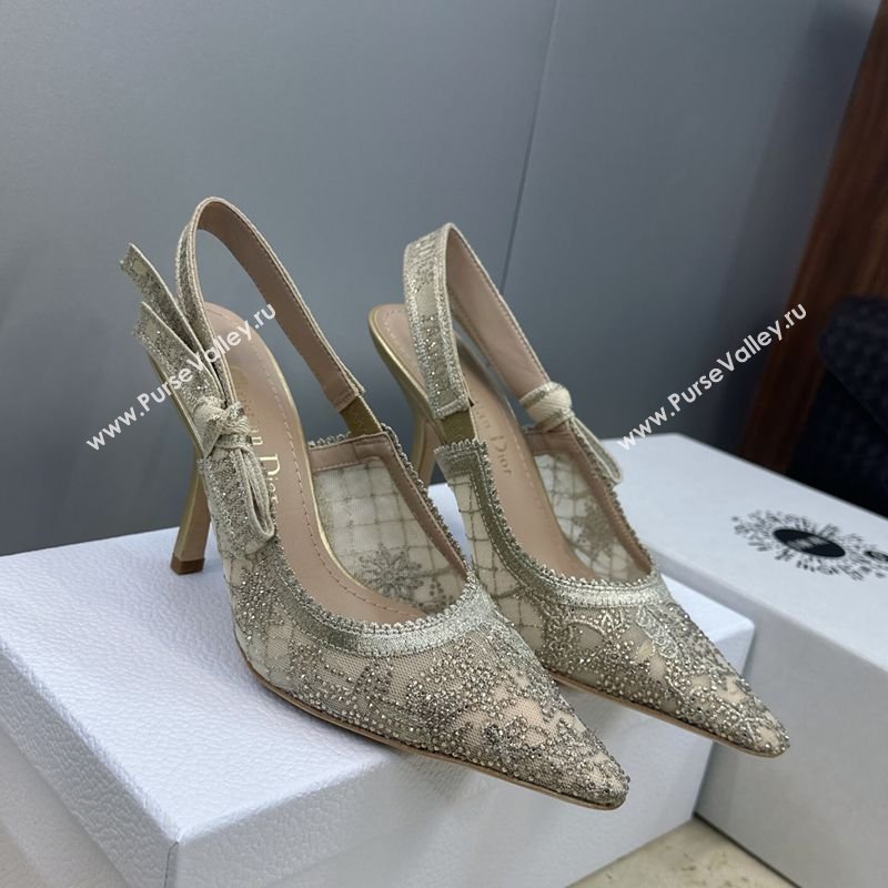 Dior JAdior Slingbacks Pump 9.5cm in Transparent Mesh Embroidered with Millefiori Motif in Gold-Tone Strass 2026 (JC-260302047)