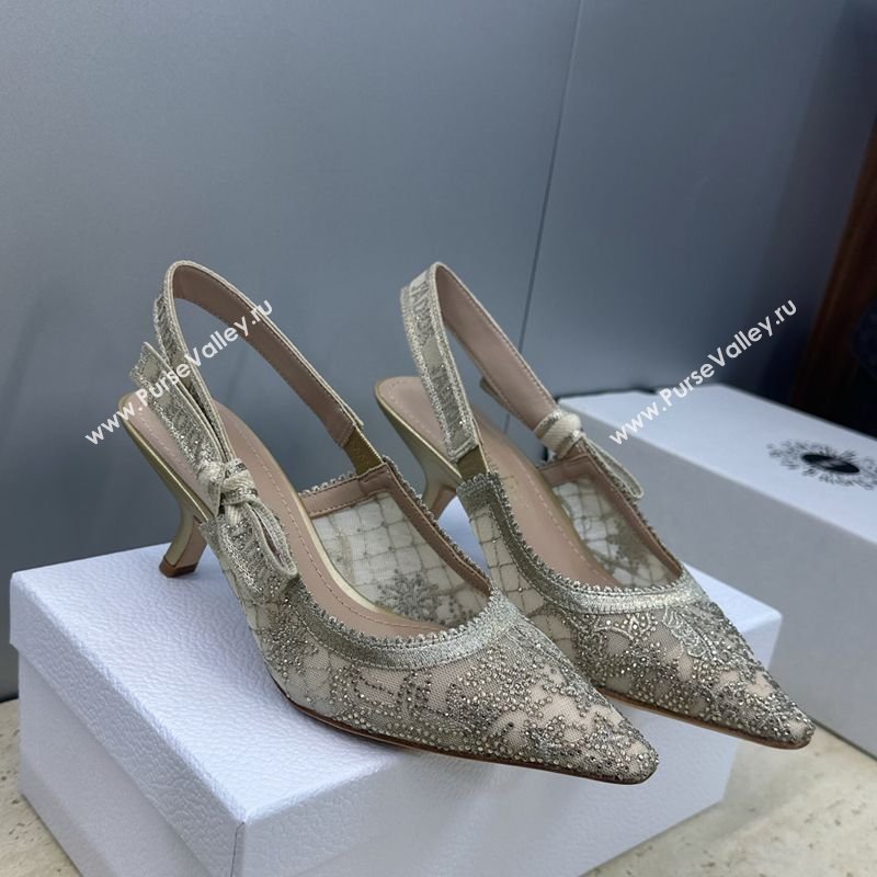 Dior JAdior Slingbacks Pump 6.5cm in Transparent Mesh Embroidered with Millefiori Motif in Gold-Tone Strass 2026 (JC-260302049)