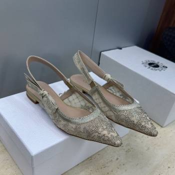 Dior JAdior Slingback Ballets Flat in Transparent Mesh Embroidered with Millefiori Motif in Gold-Tone Strass 2026 (JC-260302045)
