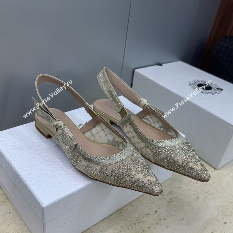 Dior JAdior Slingback Ballets Flat in Transparent Mesh Embroidered with Millefiori Motif in Gold-Tone Strass 2026 (JC-260302045)