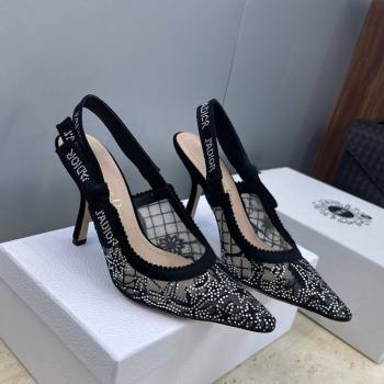Dior JAdior Slingbacks Pump 9.5cm in Transparent Mesh Embroidered with Millefiori Motif in Silver-Tone Strass 2026 (JC-260302048