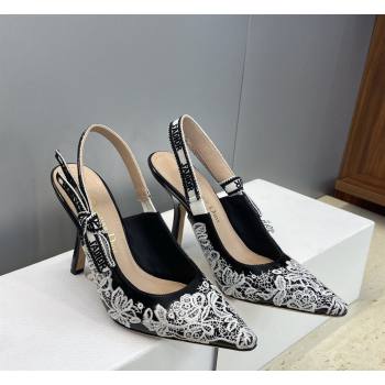 Dior JAdior Slingbacks Pump 9.5cm in Black Cotton Embroidered with White Floral Motif 2026 (JC-260302051)
