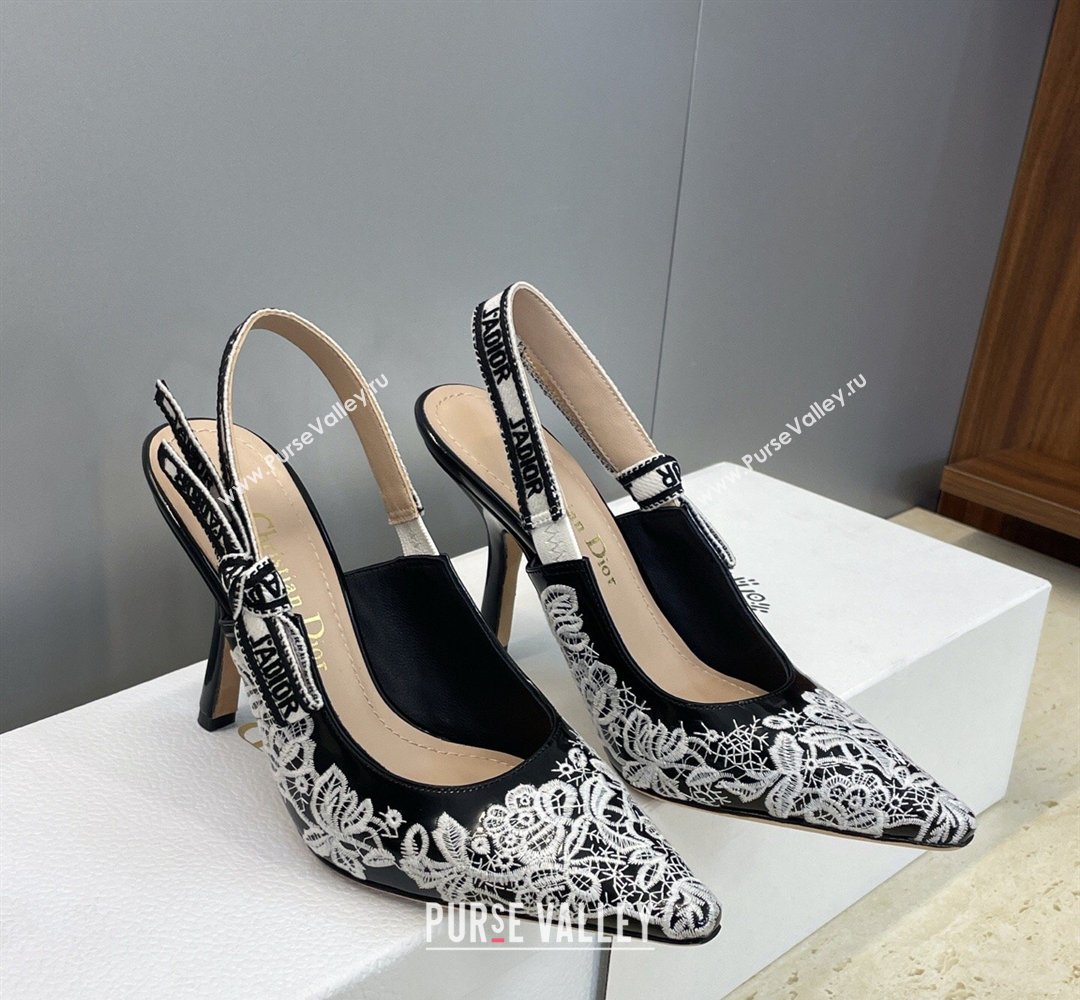 Dior JAdior Slingbacks Pump 9.5cm in Black Cotton Embroidered with White Floral Motif 2026 (JC-260302051)