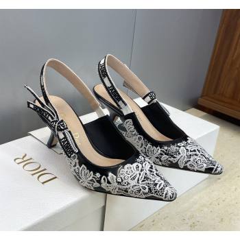 Dior JAdior Slingbacks Pump 6.5cm in Black Cotton Embroidered with White Floral Motif 2026 (JC-260302052)