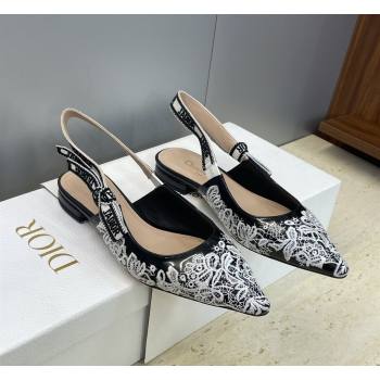 Dior JAdior Slingbacks Ballets Flat in Black Cotton Embroidered with White Floral Motif 2026 (JC-260302053)