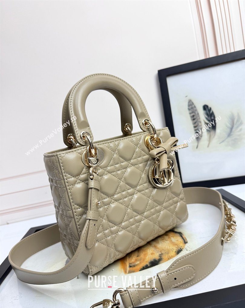 Dior Small Lady Dior My ABCDior Bag in Cannage Lambskin with Bow Apricot Grey 2026 D6604 (XXG-260408097)