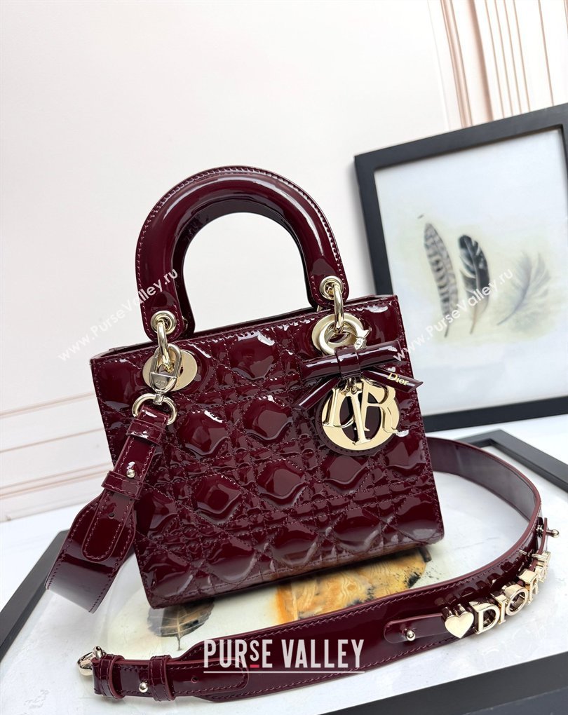 Dior Small Lady Dior My ABCDior Bag in Patent Cannage Leather with Bow Burgundy 2026 D6604 (XXG-260408100)