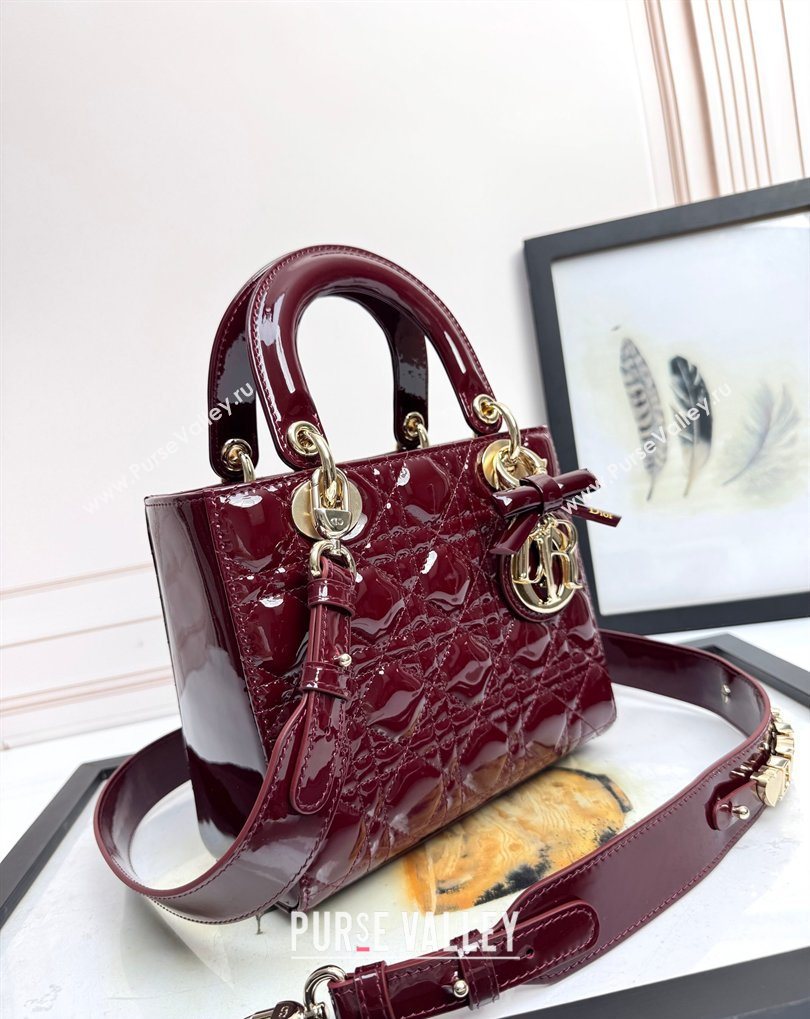 Dior Small Lady Dior My ABCDior Bag in Patent Cannage Leather with Bow Burgundy 2026 D6604 (XXG-260408100)