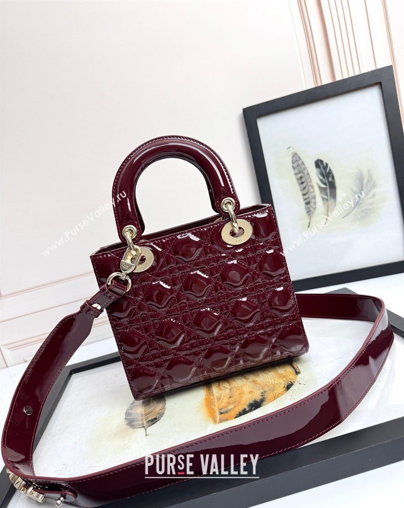 Dior Small Lady Dior My ABCDior Bag in Patent Cannage Leather with Bow Burgundy 2026 D6604 (XXG-260408100)