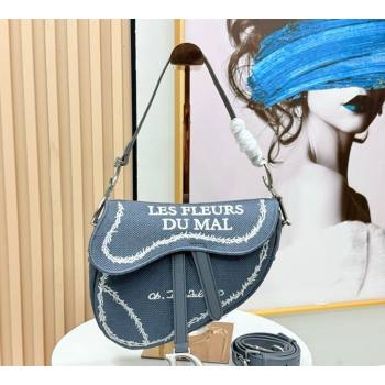 Dior Medium Saddle Bag with Strap in Blue and White Book Cover Embroidery 2026 D9930 (XXG-260408109)