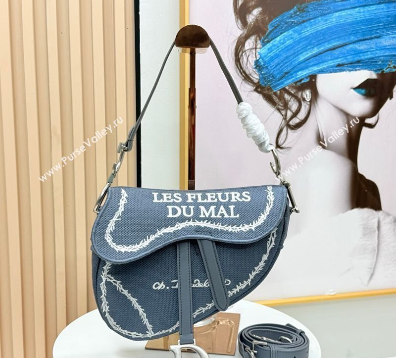 Dior Medium Saddle Bag with Strap in Blue and White Book Cover Embroidery 2026 D9930 (XXG-260408109)