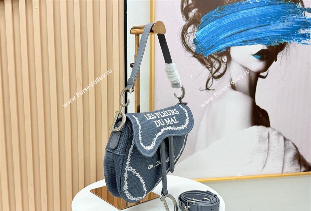 Dior Medium Saddle Bag with Strap in Blue and White Book Cover Embroidery 2026 D9930 (XXG-260408109)