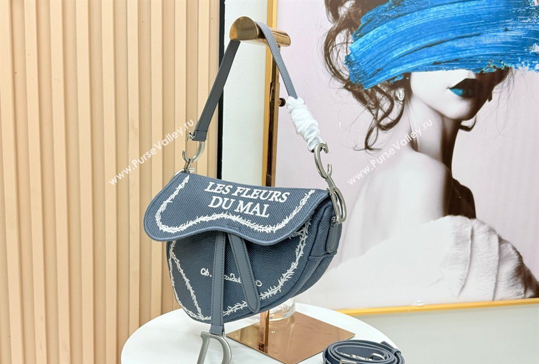 Dior Medium Saddle Bag with Strap in Blue and White Book Cover Embroidery 2026 D9930 (XXG-260408109)