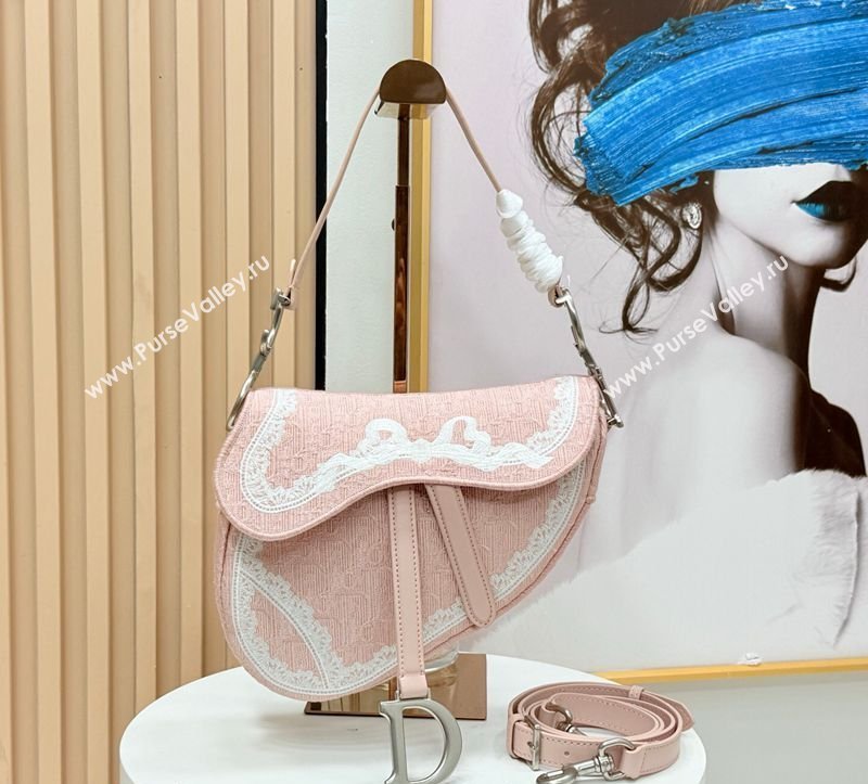Dior Dioramour Medium Saddle Bag with Strap in Soupir Pink Dior Oblique Embroidery and White Lace 2026 (XXG-260408110)