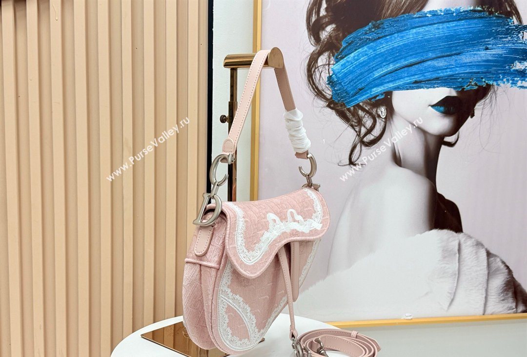 Dior Dioramour Medium Saddle Bag with Strap in Soupir Pink Dior Oblique Embroidery and White Lace 2026 (XXG-260408110)