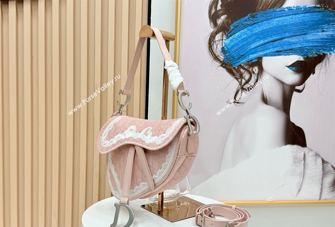 Dior Dioramour Medium Saddle Bag with Strap in Soupir Pink Dior Oblique Embroidery and White Lace 2026 (XXG-260408110)