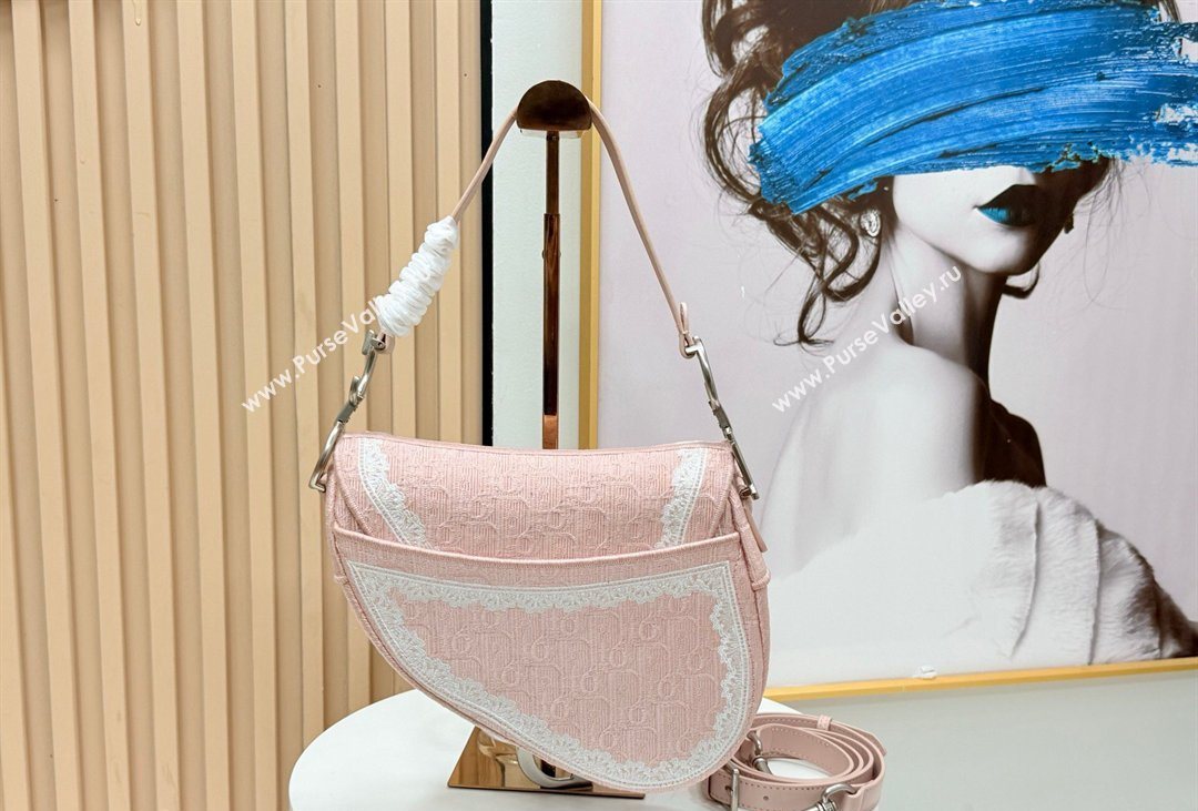 Dior Dioramour Medium Saddle Bag with Strap in Soupir Pink Dior Oblique Embroidery and White Lace 2026 (XXG-260408110)