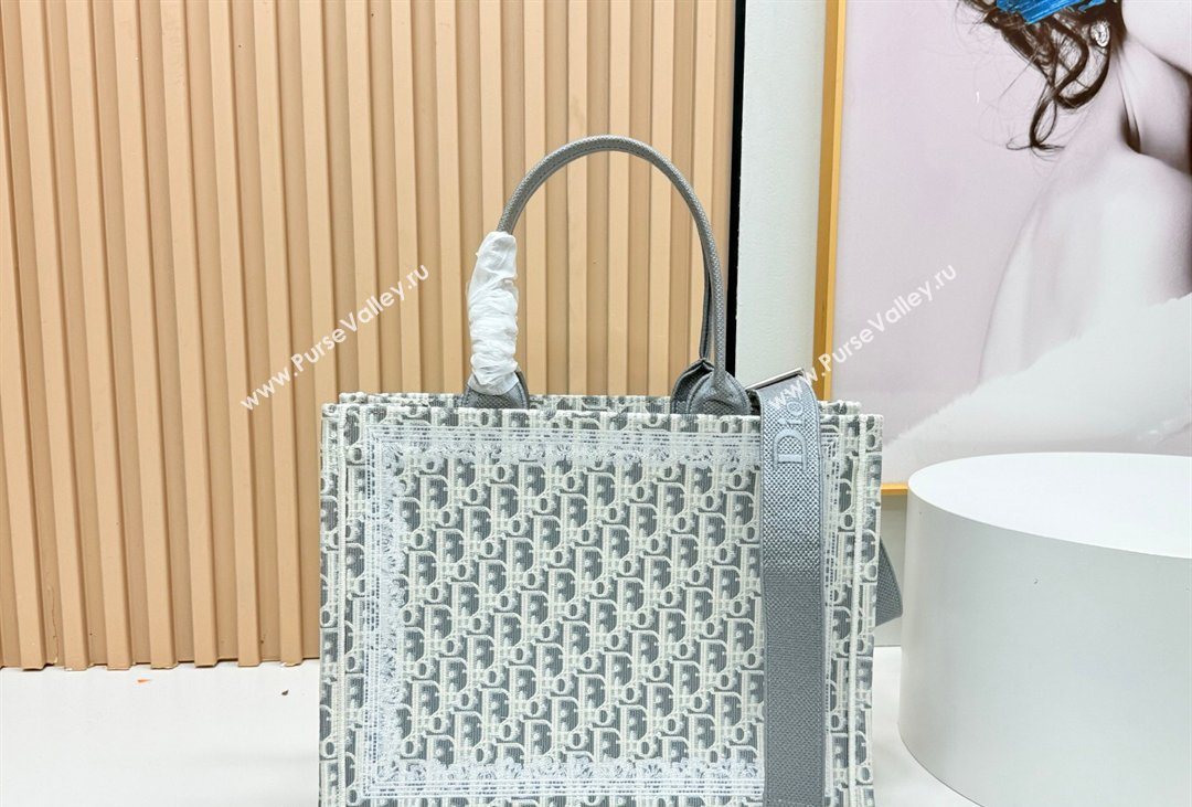 Dior Mens Medium Book Tote Bag in Latte White and Grey Dior Oblique Embroidery and White Lace 2026 8834 (BF-260408114)