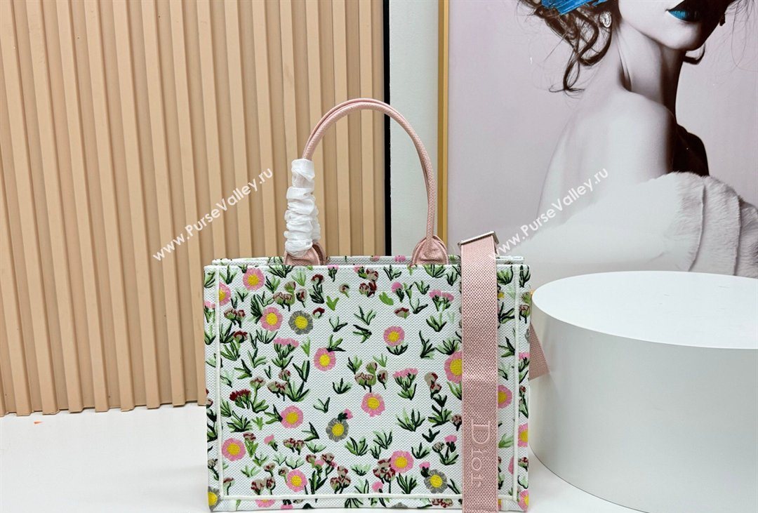 Dior Medium Book Tote Bag in White Multicolor Daisy Garden Embroidery with Dior Medaillon 2026 8834 (BF-260408123)