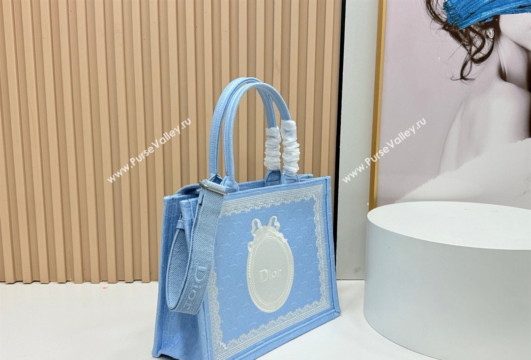 Dior Mens Medium Book Tote Bag in Celeste Blue Dior Oblique Embroidery with White Lace and Dior Medaillon 2026 8834 (BF-26040812