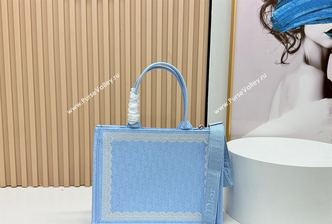Dior Mens Medium Book Tote Bag in Celeste Blue Dior Oblique Embroidery with White Lace and Dior Medaillon 2026 8834 (BF-26040812