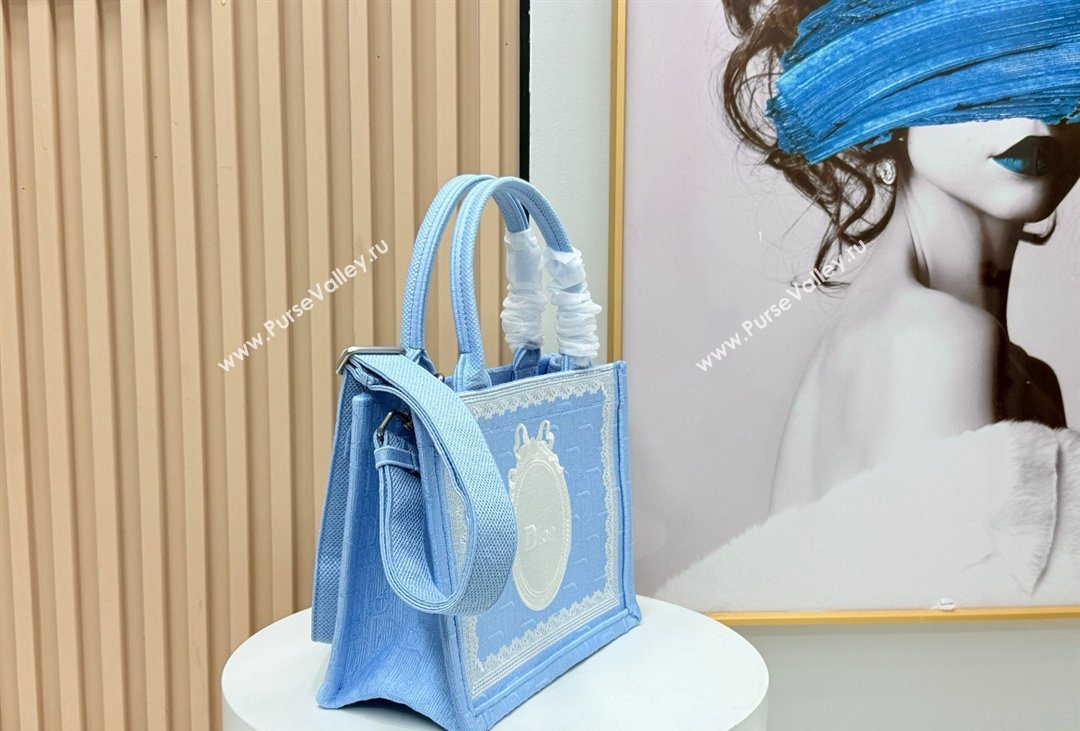 Dior Mens Small Book Tote Bag in Celeste Blue Dior Oblique Embroidery with White Lace and Dior Medaillon 2026 8835 (BF-260408127
