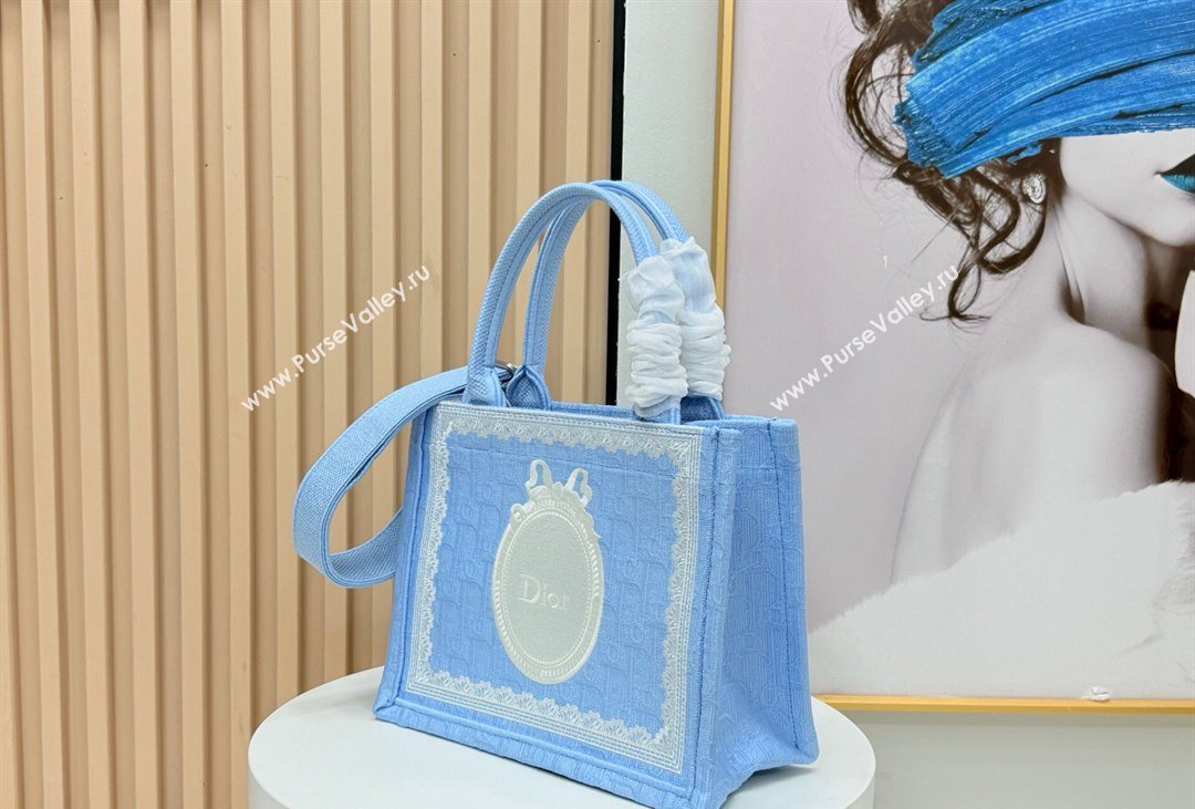 Dior Mens Small Book Tote Bag in Celeste Blue Dior Oblique Embroidery with White Lace and Dior Medaillon 2026 8835 (BF-260408127