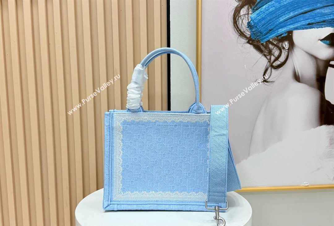 Dior Mens Small Book Tote Bag in Celeste Blue Dior Oblique Embroidery with White Lace and Dior Medaillon 2026 8835 (BF-260408127