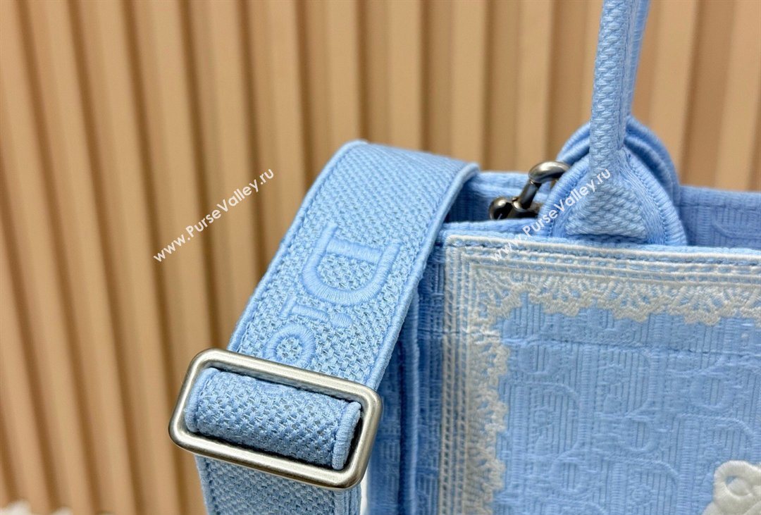 Dior Mens Small Book Tote Bag in Celeste Blue Dior Oblique Embroidery with White Lace and Dior Medaillon 2026 8835 (BF-260408127
