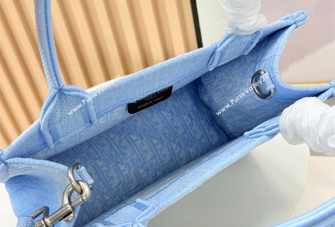 Dior Mens Small Book Tote Bag in Celeste Blue Dior Oblique Embroidery with White Lace and Dior Medaillon 2026 8835 (BF-260408127