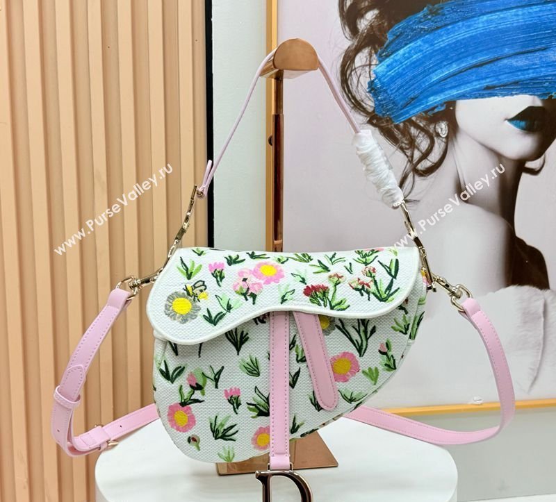 Dior Medium Saddle Bag with Strap in Multicolor White Daisy Garden Embroider 2026 D9930 (XXG-260408112)