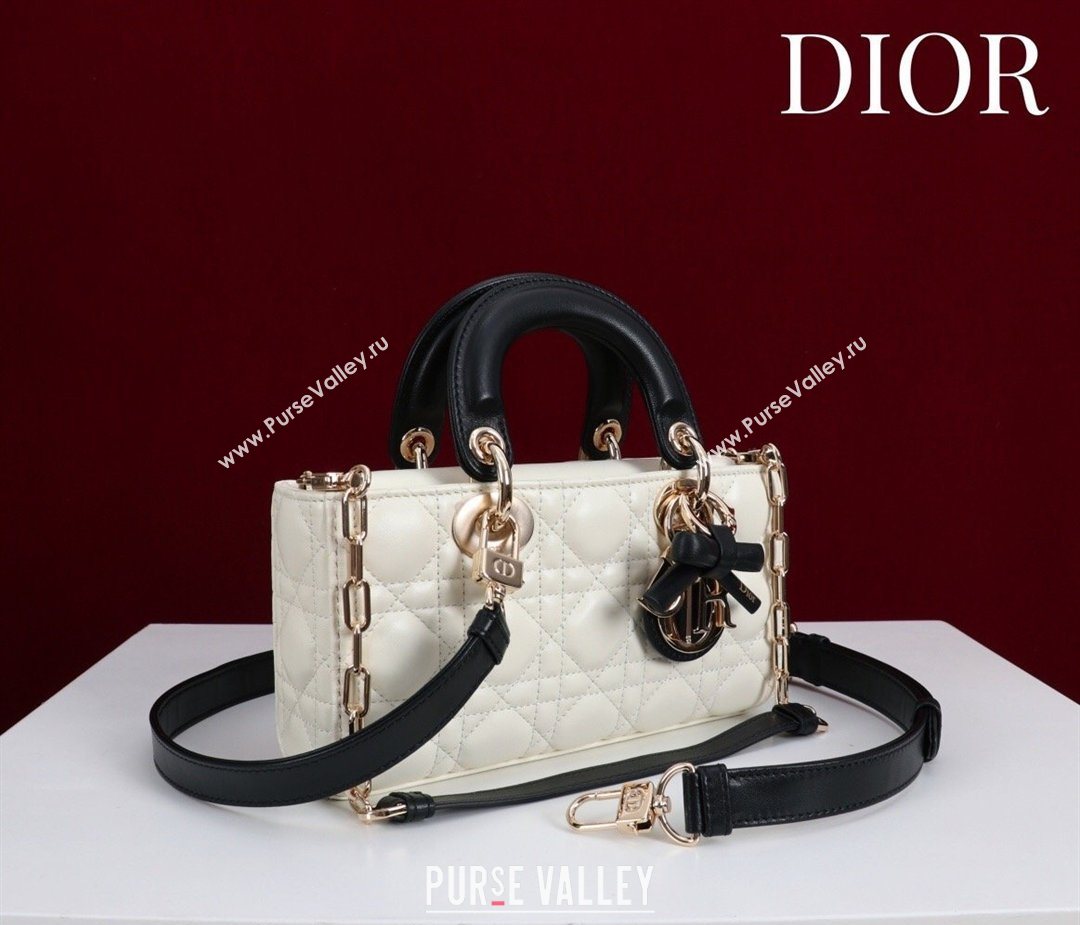 Dior Small Lady D-Joy Bag in Cannage Lambskin with Bow White/Black 2026 D9240 (XXG-260408088)
