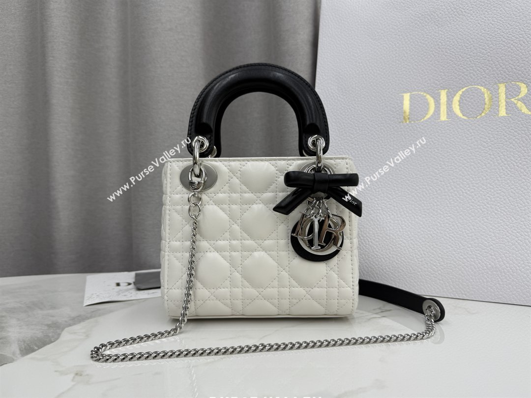Dior Mini Lady Dior Bag in Cannage Lambskin with Bow White/Black 2026 D6603 (XXG-260409062)