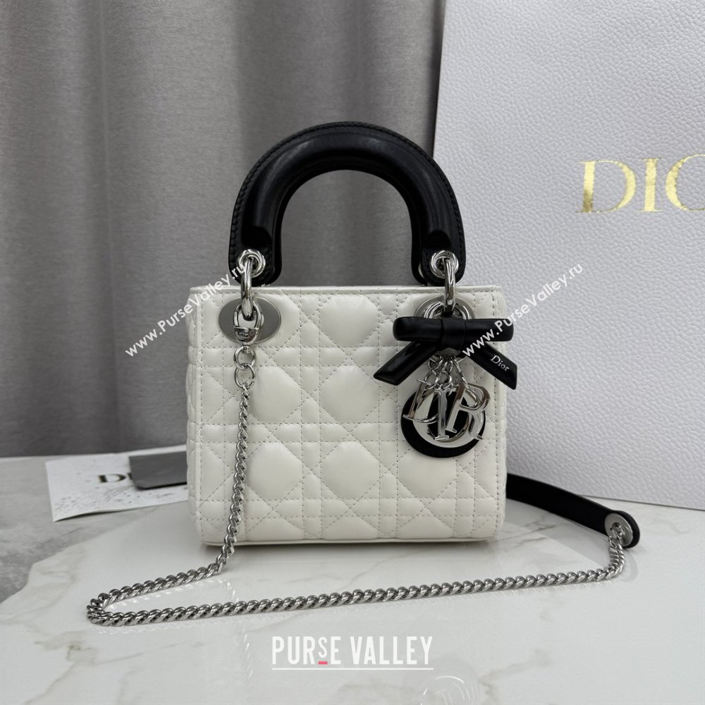 Dior Mini Lady Dior Bag in Cannage Lambskin with Bow White/Black 2026 D6603 (XXG-260409062)
