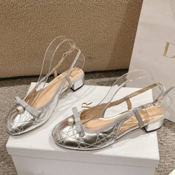 Dior Ballet Slingback Pumps 3cm in Quilted Cannage Calfskin with Pearl Bow Silver 2025 (MD-250822019)