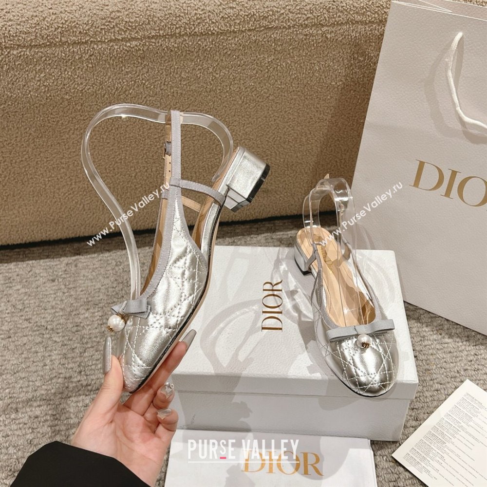 Dior Ballet Slingback Pumps 3cm in Quilted Cannage Calfskin with Pearl Bow Silver 2025 (MD-250822019)